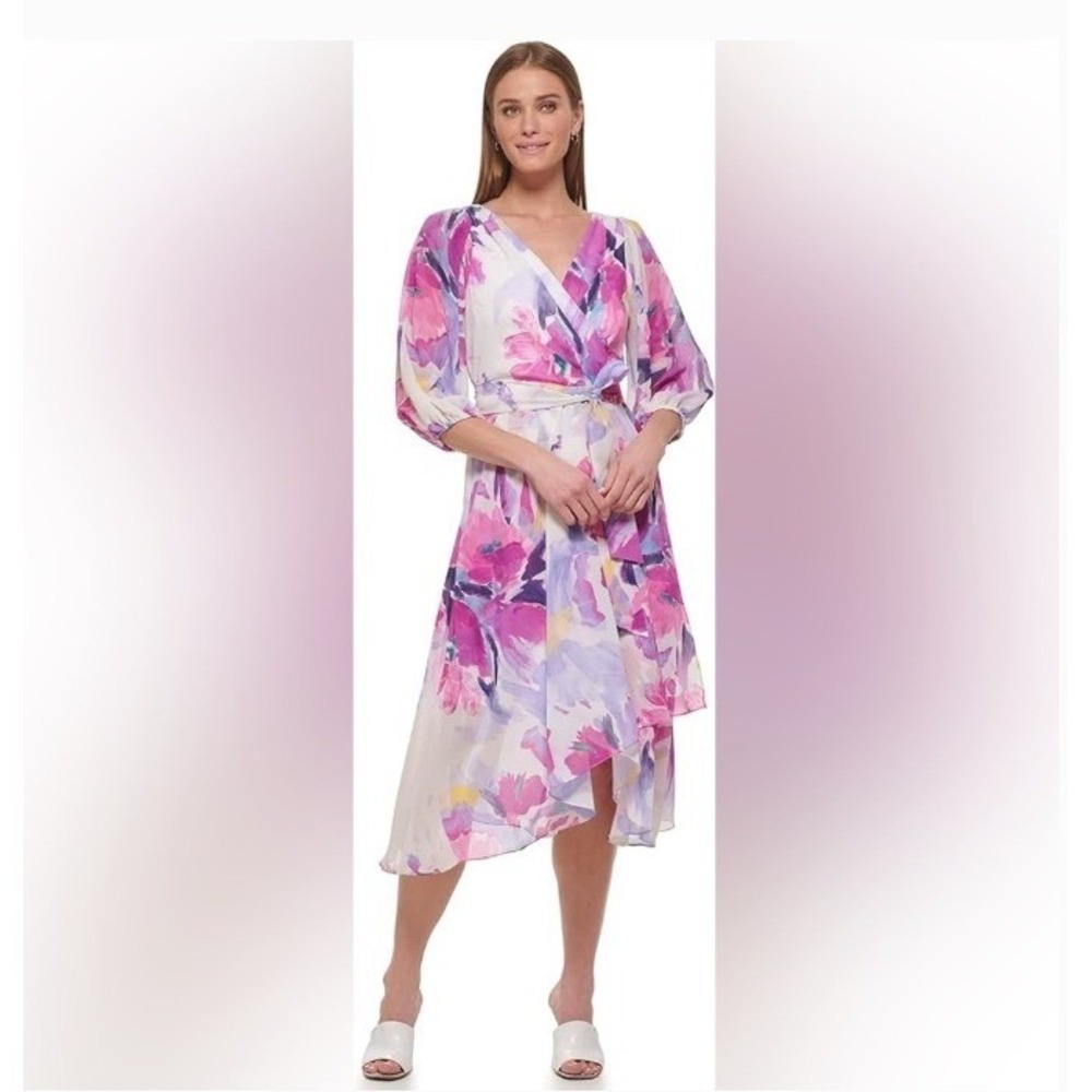 DKNY Floral Chiffon High-Low Maxi Dress Womens 12 Purple Pink Feminine Festive